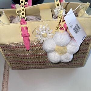 Betsey Johnson Yellow and Pink Tote Bag with Pom-Pom Charm